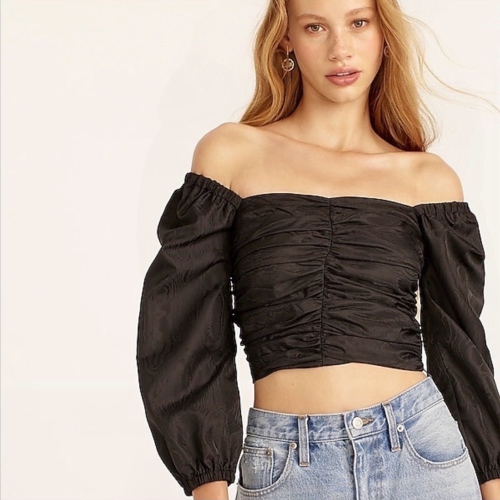 J.Crew Nwt Size 12 Ruched Puff Sleeve Cropped Top Black Long Sleeve Off Shoulder